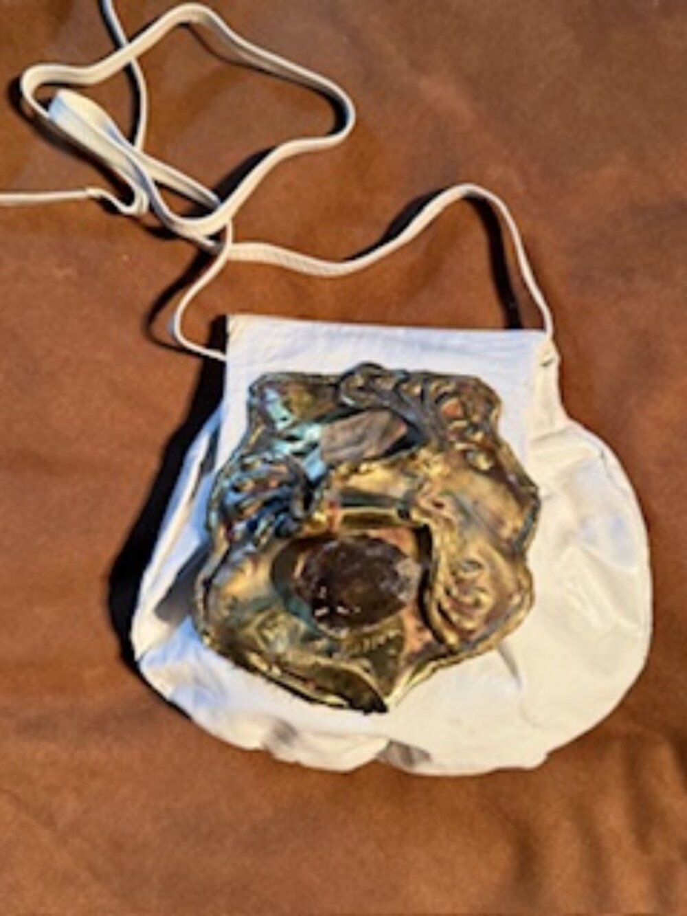 White leather purse with brass, quartz & amethyst gemstone embellishment